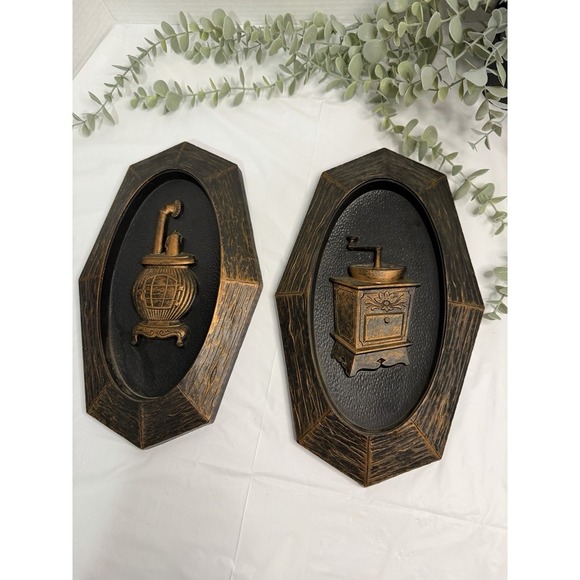 Coffee Grinder Dart Ind Wall Hangings Vtg 1970s Copper Look Plastic 12" Set of 2 - Picture 1 of 12